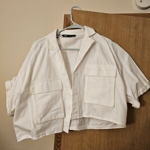 Zara White Cropped Button-Up Shirt